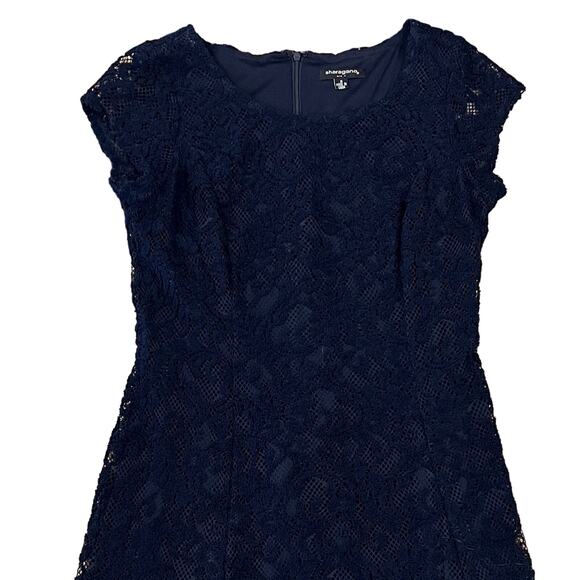 Sharagano Navy Blue Short Sleeve Lined Lace Shift Dress - SIZE 8 - Picture 2 of 9